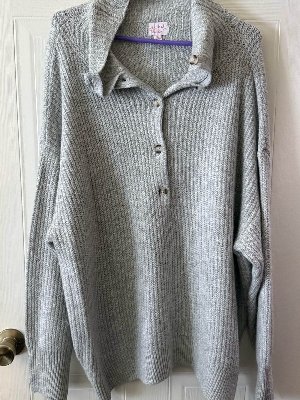 Isabel Maternity by Ingrid & Isabel Light Gray Ribbed Button-Neck Sweater